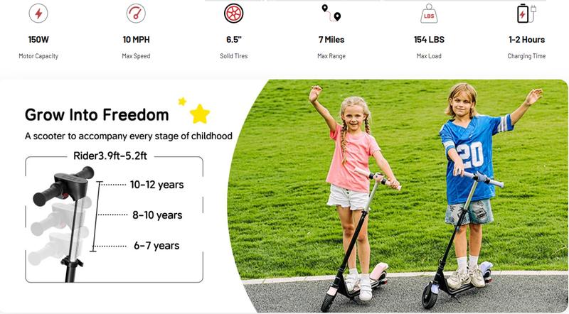 【Best Gifts】Electric Scooter for Kids, 150W Motor, 10MPH, 9 Miles, Dual Speed, 18V 2.6Ah Battery, 6'' Tires, Disc Brakes, Folding Kids Electric Scooter for Ages 6-12
