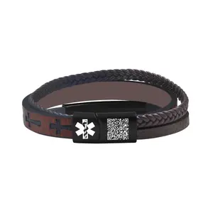 Uloveido QR Code Medical Alert Bracelet for Men | Dynamic QR Code Emergency ID Bracelet, Scan to Update Medical Information Anytime, Braided PU Leather Cross Bracelet Waterproof Lightweight for Sports Travel Daily Wear