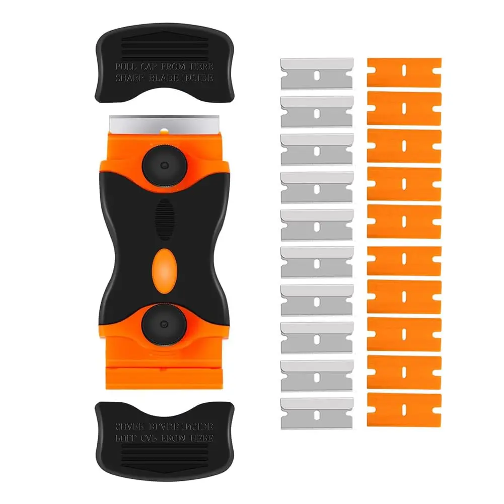 TOOLAZO 2-in-1 7.5-Inch 8.5 oz Heavy Duty Glass Cooktop & Surface Scraper Kit, 10 ABS Plastic & 10 304 Stainless Steel Blades, Non-Scratch Tool for Sticker, Paint, Caulk Removal, Home Stovetops, Windows Cleaning Pros Use, Wet/Oil Grip, Abs+Tpr Handle Feel