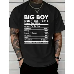 Large Men's Casual Street Style T-Shirt, Printed with Big Boy Nutrition Facts, Loose Fit Pure Cotton with Humorous Graphic, Machine Washable Novelty Top, Suitable for Outdoor and Daily Wear, Durable Clothing | Short-sleeve Top | Extra Large Size 2720