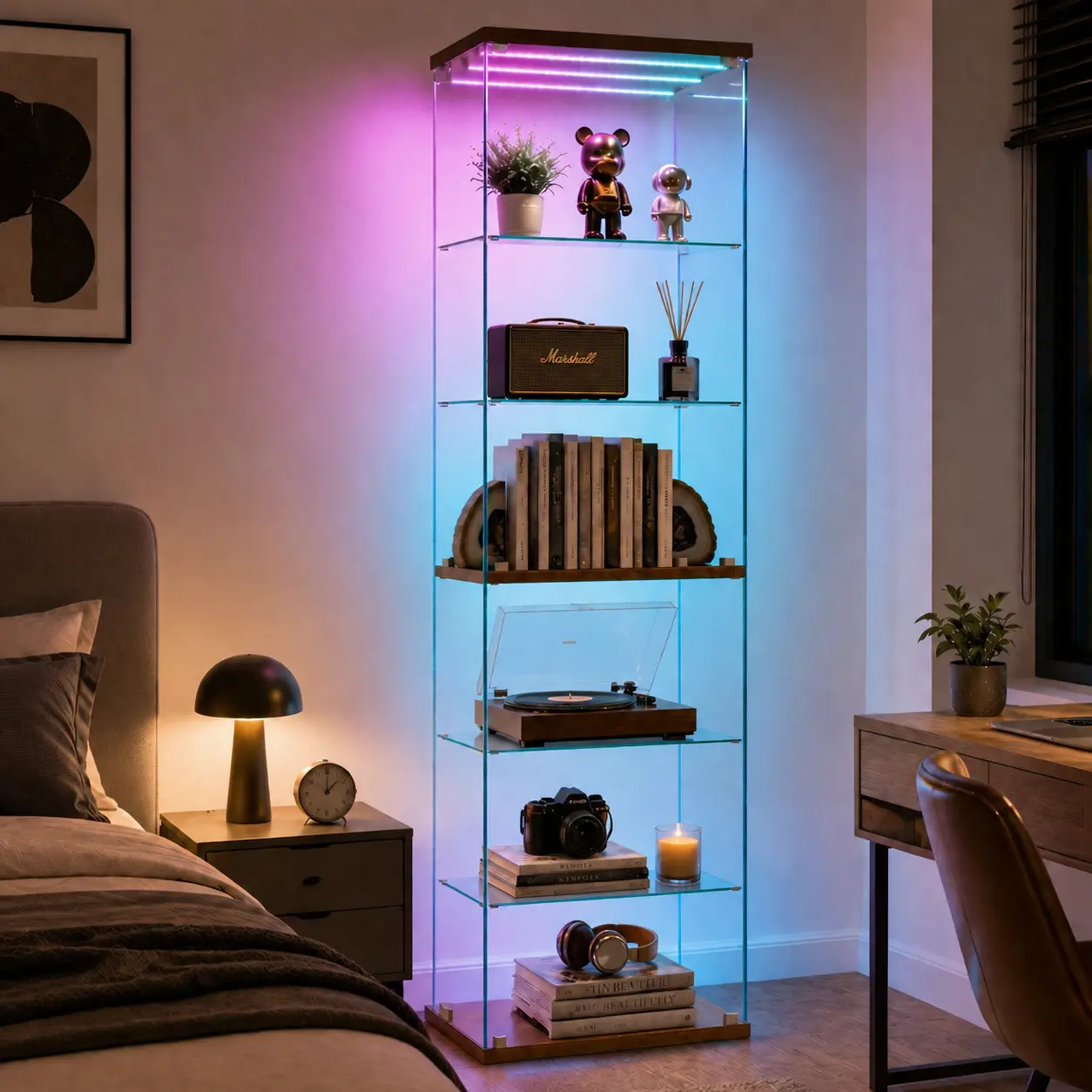 66" Full Glass Solid Wood Display Cabinet, 6-Tier with RGB Dream Color Lights, Tall Clear Glass Showcase Bookcase for Collectibles, Figures & Home Decor,Curio Cabinet