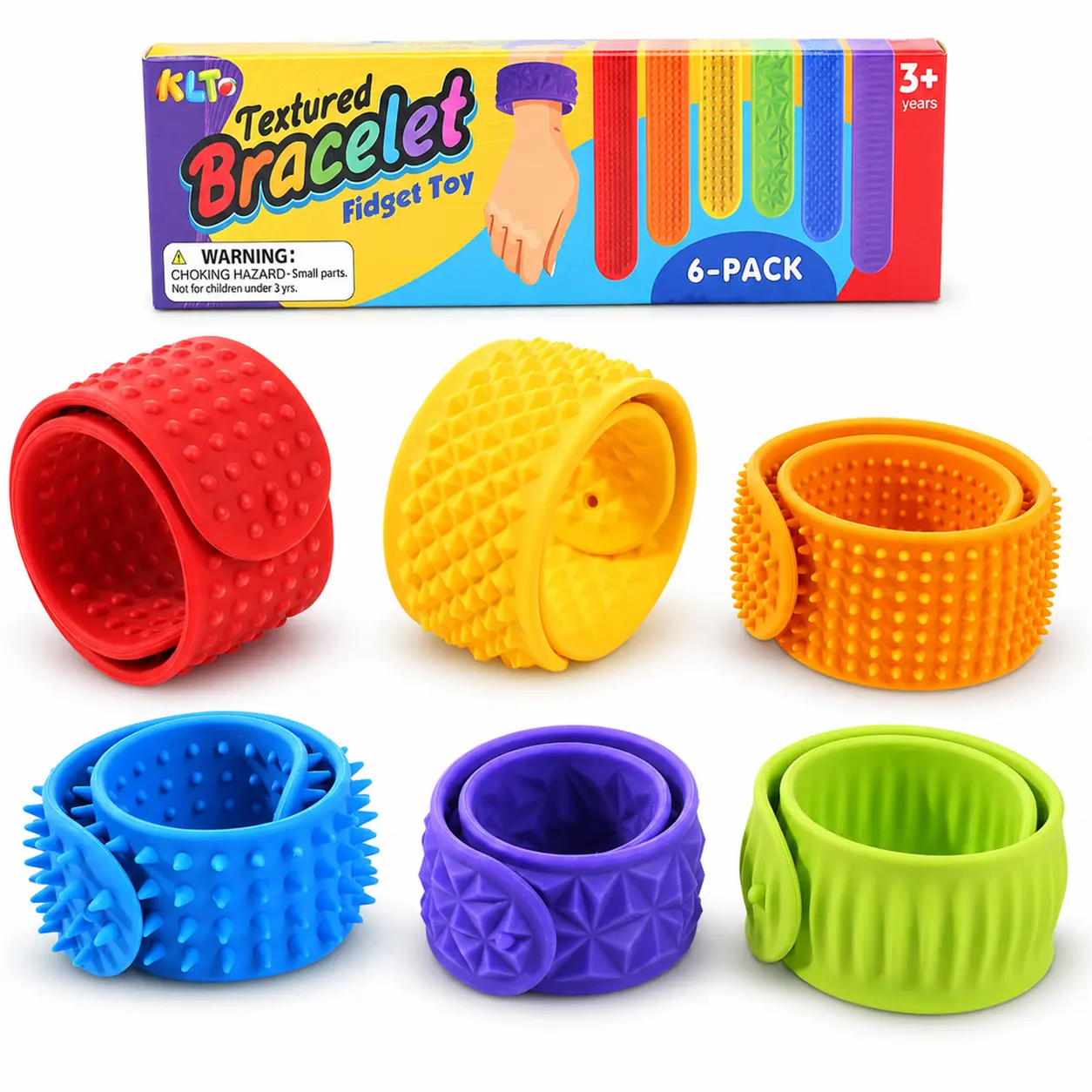 LESONG 6-Pack Textured Silicone Slap Bracelets, Sensory Friendly Stress Relief Fidget Toys for Kids, Ideal for Easter Baskets, Birthdays, Calm Corner Emotional Regulation