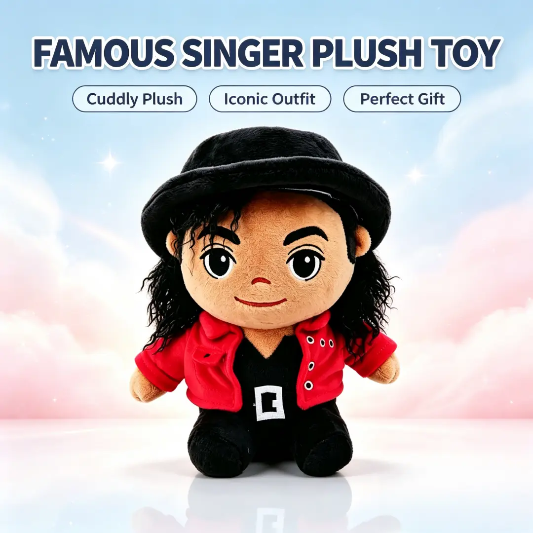 Michael Jackson Themed Unisex Soft Plush Doll, Classic Red Jacket & Black Hat Pop Star Stuffed Toy, cute girly gifts,stuffed animals