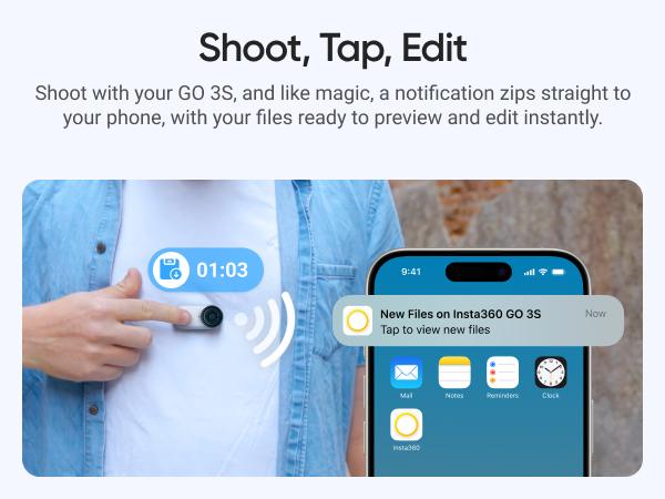 Insta360 GO 3S - 128 GB 4K Tiny Portable Vlogging Camera, Hands-Free POVs, Mount Anywhere, Stabilization, 140 Min Battery Life, 10m Waterproof, Apple Find My, Pet POV