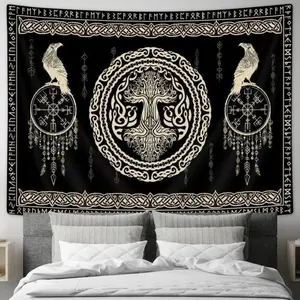 Viking Norse mythology tapestry, black and white life tree, birds with wisdom and Celtic symbols, medieval-style bedroom wall hanging, indoor polymer fabric decorationTapestry Decor