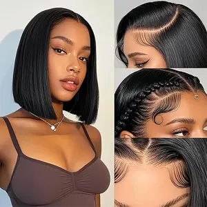 Glueless Wigs Human Hair Pre Plucked Pre Cut Wear and Go Straight Bob Wigs 13x4 Lace Closure Wigs 180% Density Short Human Hair Wigs for Black Women