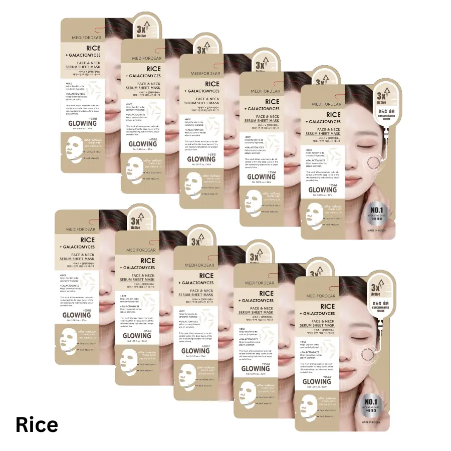 10pc Set MEDI FOR DEAR Rice + Galactomyces Face & Neck Mask | Korean Beauty Sheet Mask | Moisture & Calming