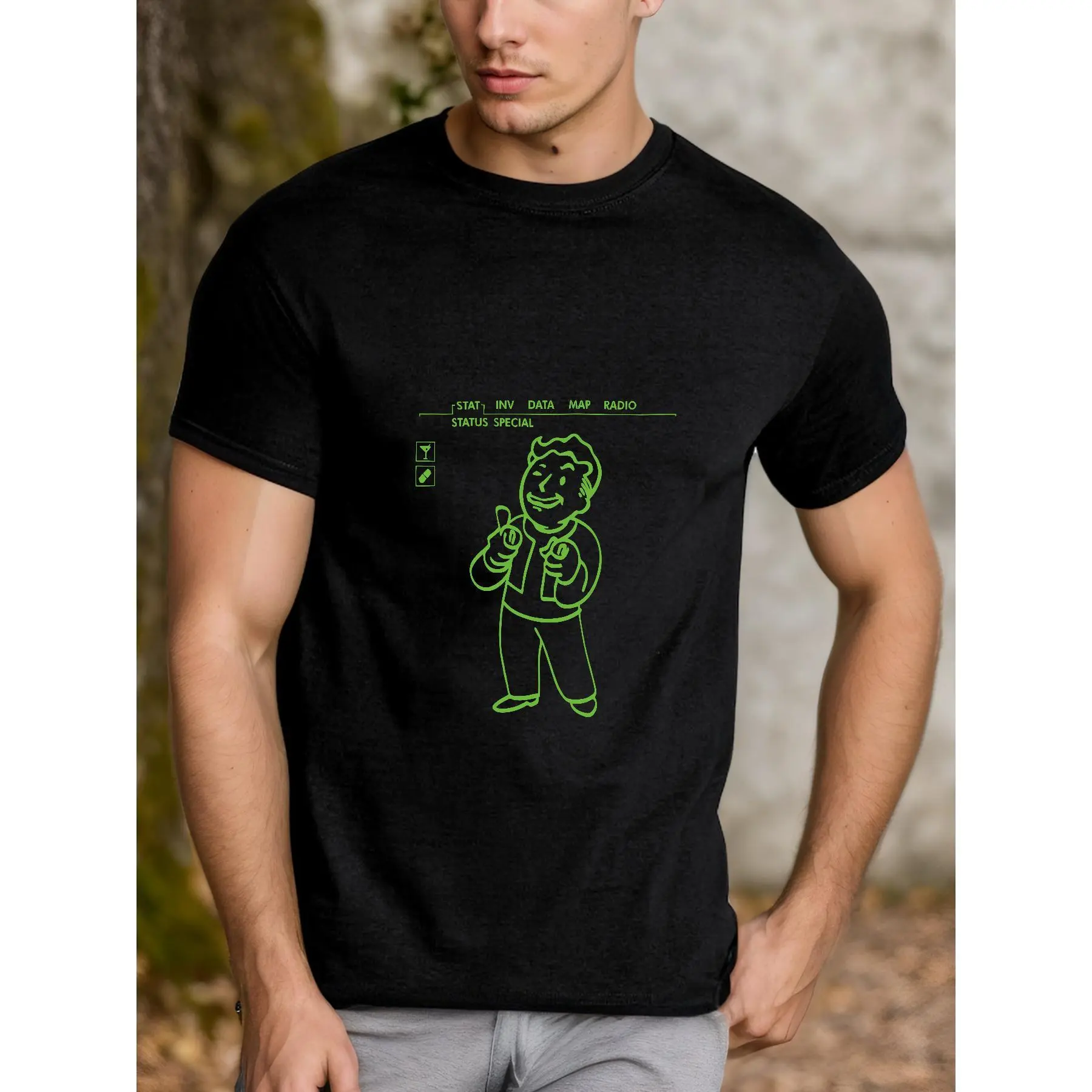 Men's Graphic T-Shirt with Fallout Vault Boy Charisma +10 Print, Breathable Cotton Short Sleeve Crew Neck for Casual Sporty Wear, Tshirt, Top, Shortsleeve, Menswear, Classic
