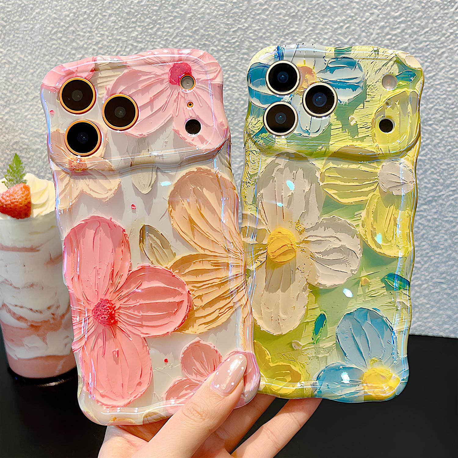 Colorful Retro Oil Painting Floral Case for iPhone 17 16 15 14 13 12 11 Pro Max ,Flower Pattern Cute Curly Wave Frame Phone Case Camera Protection, Soft Protective Cover for Girls & Women