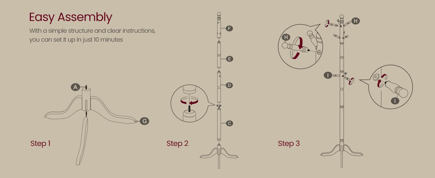 SONGMICS HOME VASAGLE Solid Wood Coat Rack and Stand, Free Standing Hall Coat Tree with 10 Hooks for Hats, Bags, Purses, for Entryway, Hallway, Rubberwood