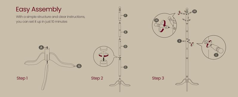 SONGMICS HOME VASAGLE Solid Wood Coat Rack and Stand, Free Standing Hall Coat Tree with 10 Hooks for Hats, Bags, Purses, for Entryway, Hallway, Rubberwood