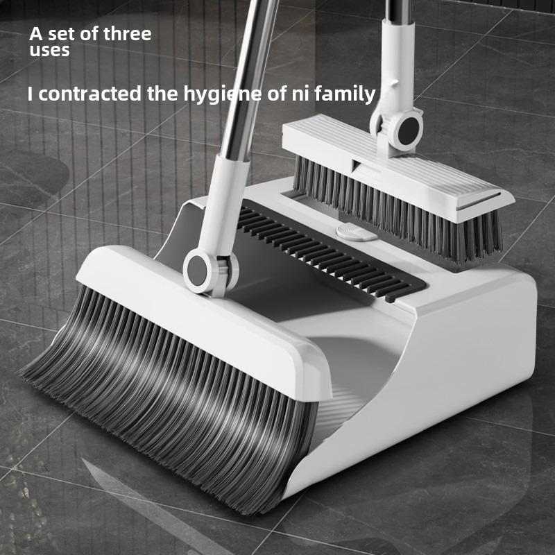 3-in-1 High-Efficiency Ergonomic Long Handle Floor Cleaning Kit Durable Broom Dustpan & Brush Set for Home Office School Dorms with Extended Scraper Non-Stick Hair Foldable Storage