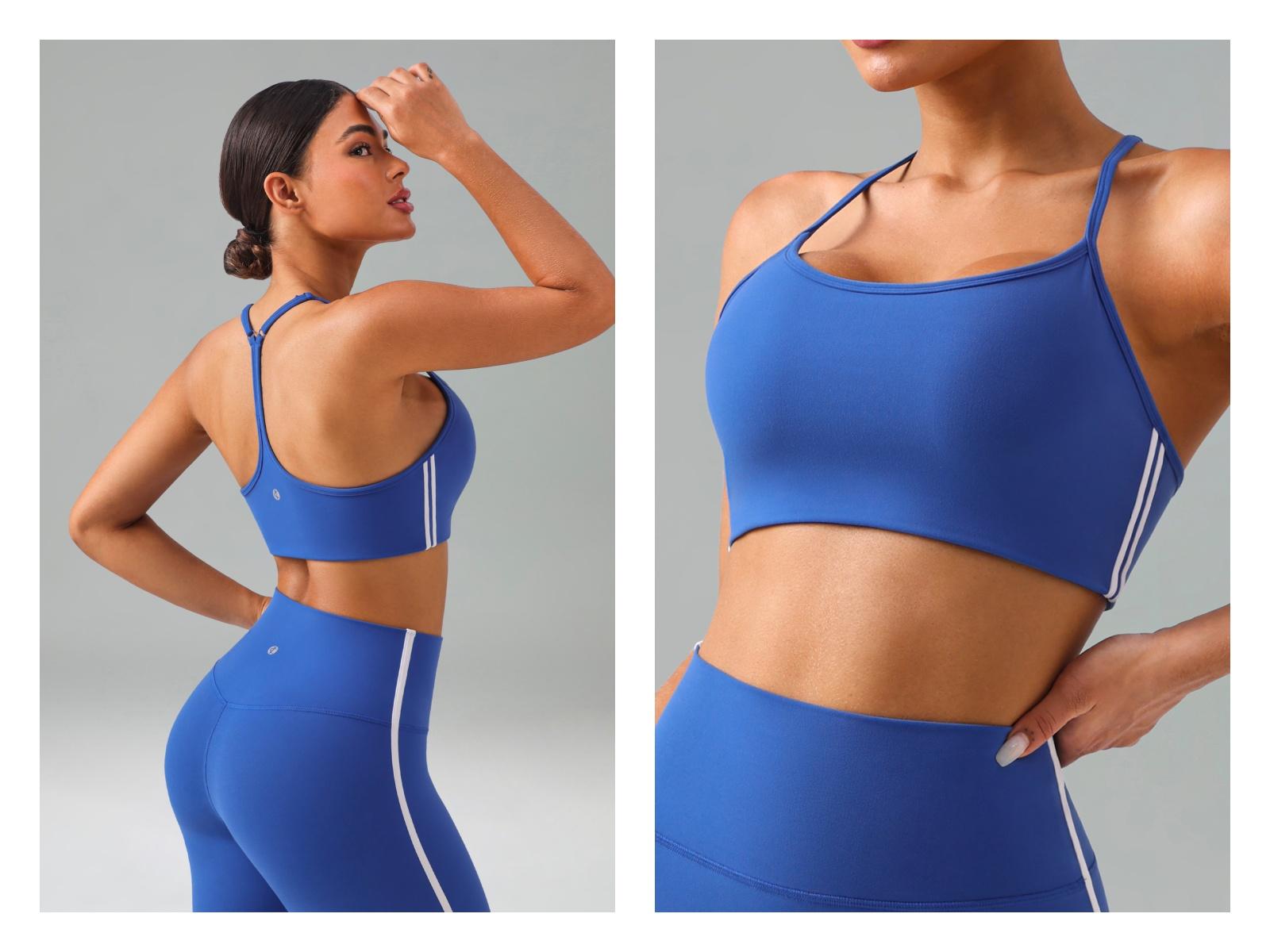 Colorfulkoala Women's Dreamlux Y-Back Adjustable Sports Bra Contrast Double Stripe Design Hidden Elastic Hem Removable Pads Yoga Set Compatible