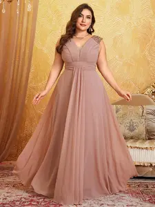 Unithorse Plus Size V-Neck Sleeveless Bust Ruched Sequin Patchwork Chiffon Dress