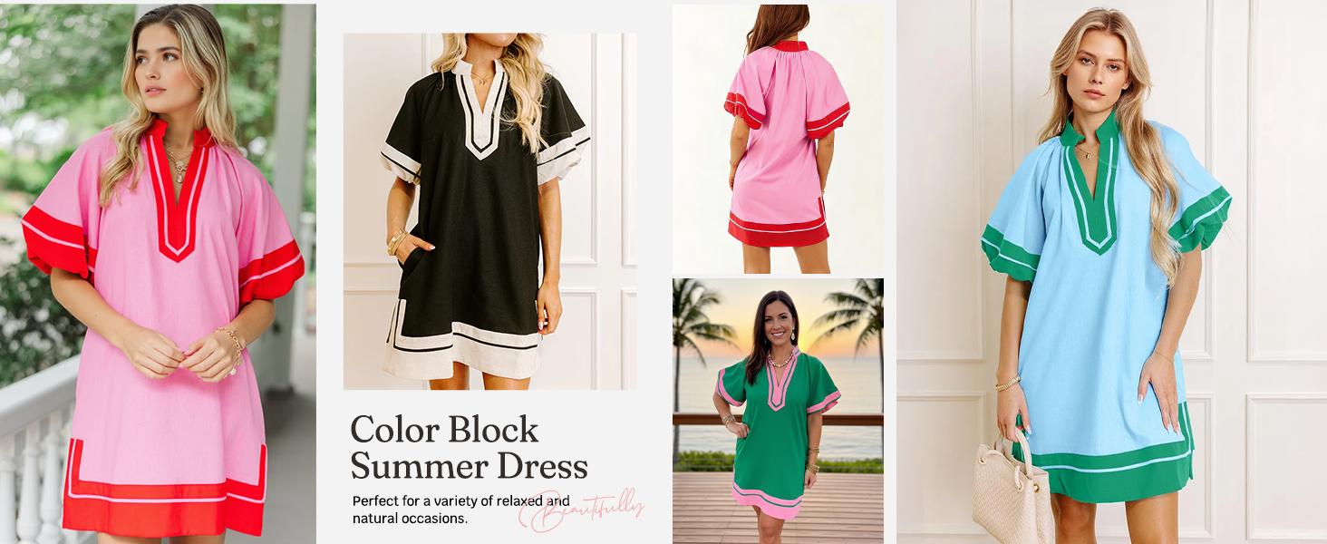 Wenrine Women's Summer Mini Dress Puff Sleeve Casual V Neck Color Block Side Slit Loose Shirt Dresses with Pockets