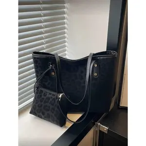 New Large Capacity Leopard Print Faux Leather Tote Bag, Dual Handle Design, Commute Work School, Casual Business Style, Young Women