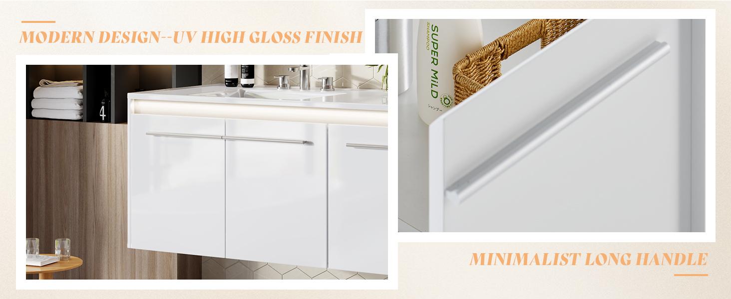 AMERLIFE 31"/60‘’LED Floating Bathroom Vanity with Sink, High Gloss Single Sink Wall Mounted Bathroom Storage Vanity Cabinet, Modern Bathroom Sink Cabinet with Metal Handles,Best Gift Ideas/Christmas Gifts