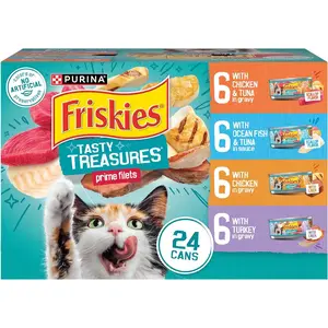 Purina Friskies Wet Cat Food Variety Pack, Tasty Treasures Prime Filets (With Chicken and Tuna, With Chicken, and With Ocean Fish and Tuna, and With Turkey) - (Pack of 24) 5.5 oz. Cans