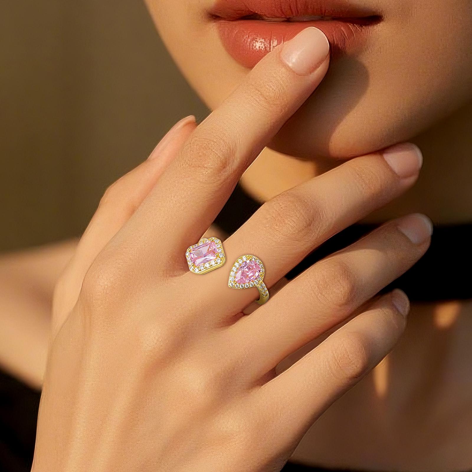 MEIITRUE 14K Gold Plated Statement Rings for Women, Pear & Emerald Cut 5A Cubic Zirconia Rings, Adjustable Open Rings