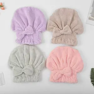 4 Pcs Bow Decor Hair Drying Cap – Solid Color Reusable Hair Wrap for Women & Girls Soft Absorbent Bathroom Towel Accessory
