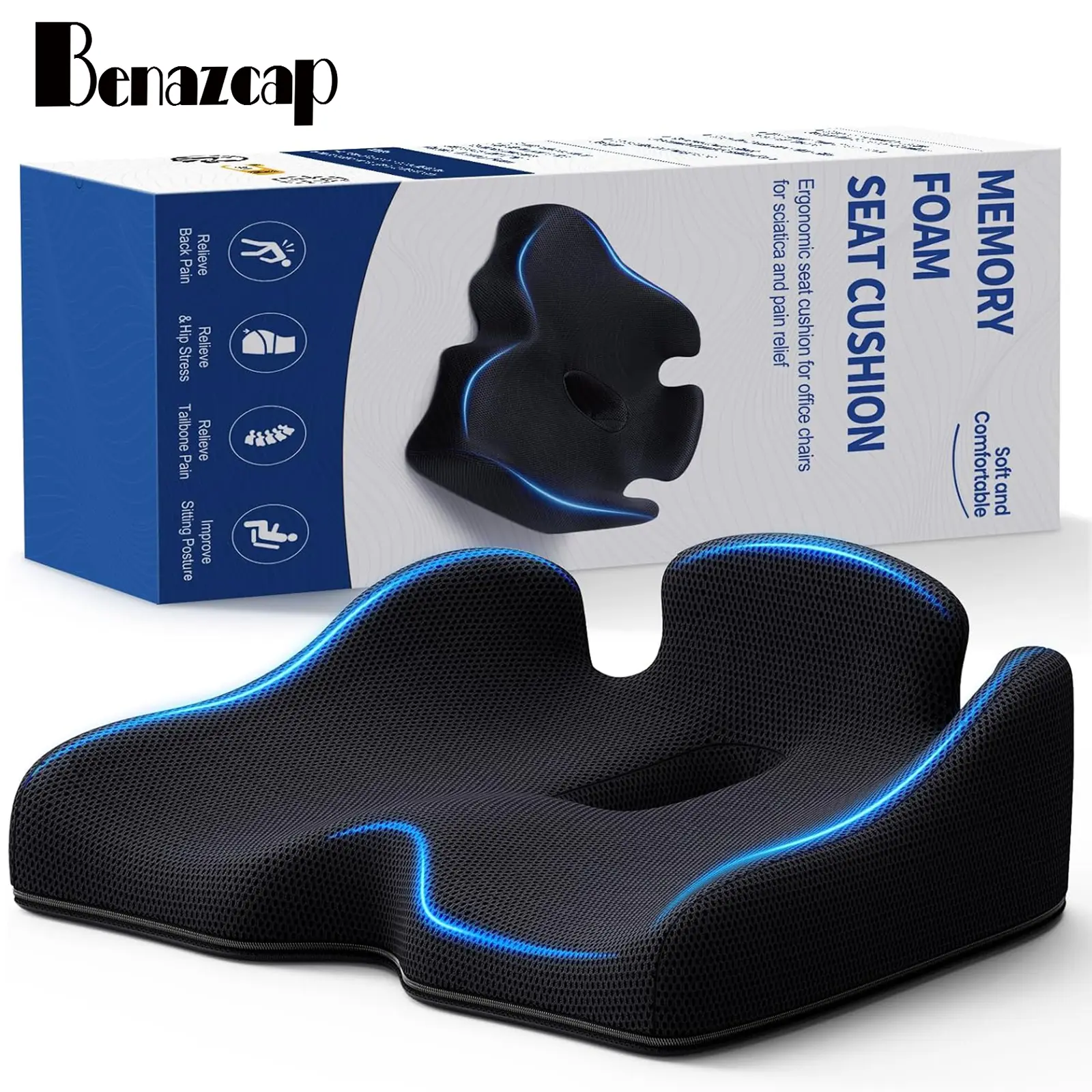 Benazcap Ergonomic Memory Foam Seat Cushion - Non-Slip & Pressure Relief for Sciatica & Tailbone Pain-Firm Coccyx Pad for Long Sitting,Posture Chair-Adjustable Height & Portable Design-Ideal Gift for Friends & Bosses Enhanced Seat Cushion Upholstered Seat