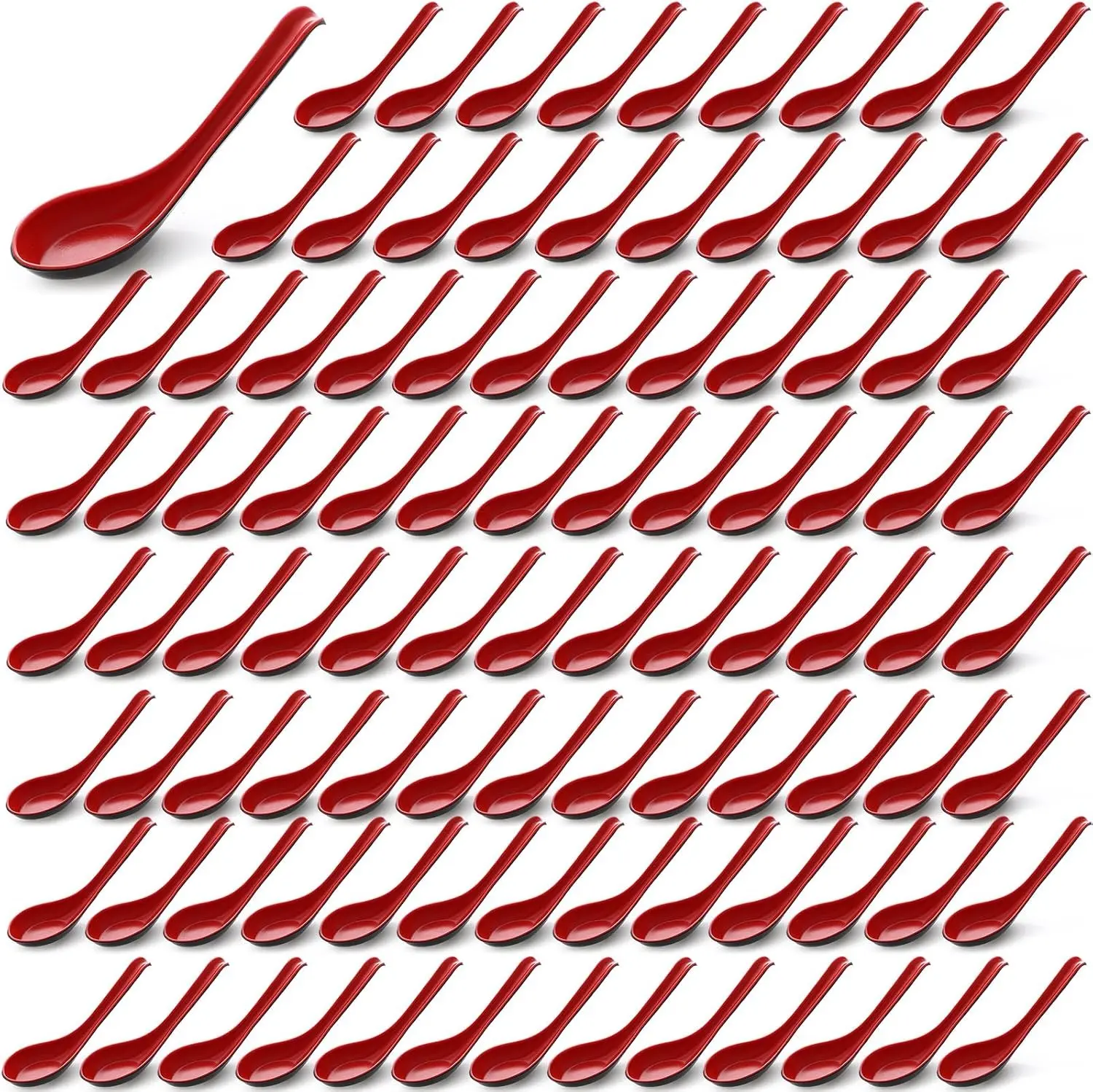 100 Pcs 6.3 Inches Asian Chinese Japanese Korean Soup Spoons Red and Black Bulk with Hook for Miso Soba Wonton Rice Pho Ramen Noodle Dumpling