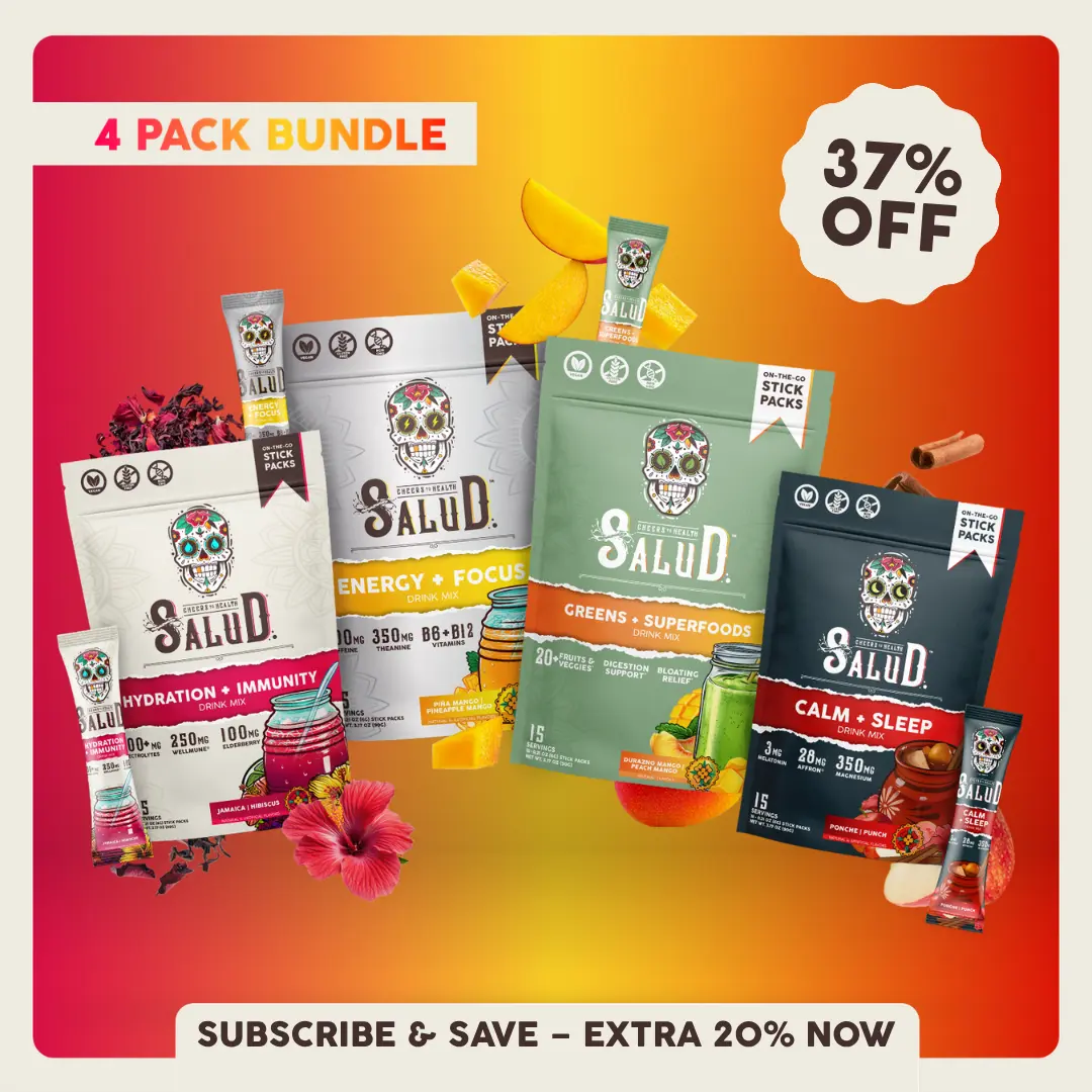 Salud 2-in-1 [All-In-One Bundle] Agua Fresca Drink Mix, Energy + Focus, Hydration + Immunity, Greens + Superfoods & Calm + Sleep, Organic Caffeine, Electrolytes, Probiotics, Melatonin, Non-GMO, Vegan (4-Pack, 60 Servings)