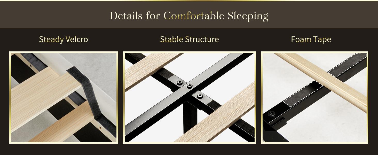 AMERLIFE Bed Frame with Golden Plating Trim, Velvet Upholstered Bed with Vertical Channel Headboard Footboard, No Box Spring Needed/Christmas Gift