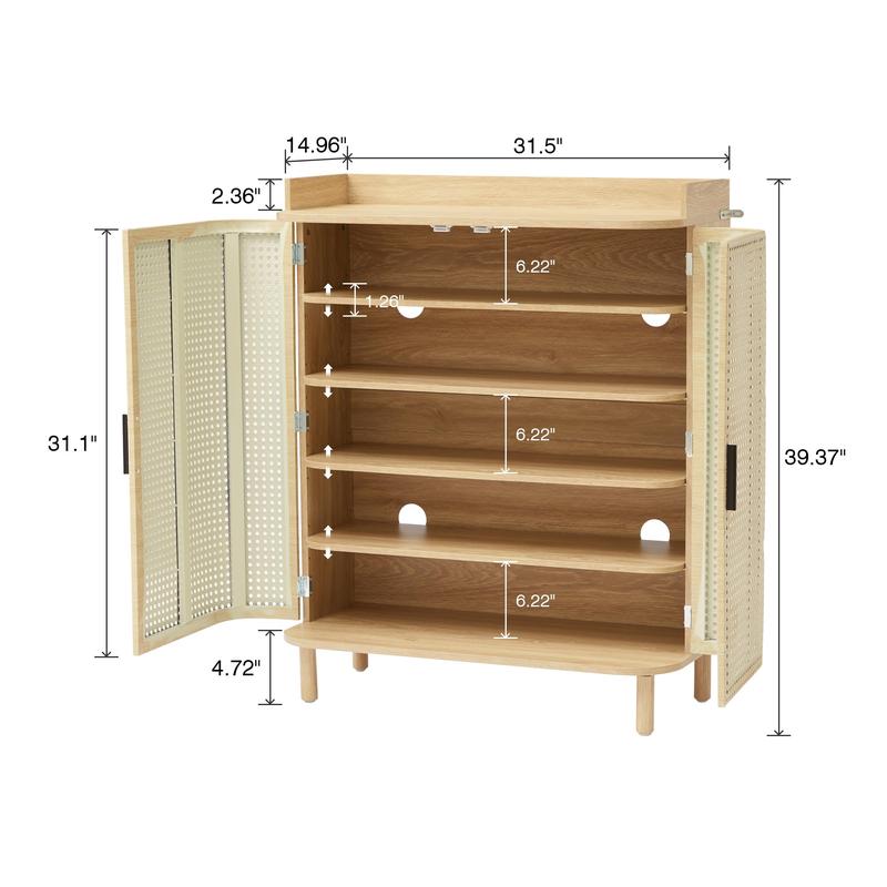 Giratree Shoe Cabinet, 5 Tier Boho Wooden Shoe Storage Organizer Cabinet with Adjustable Shelves, Shoes Rack with Iron Rattan Curved Doors Accent Cabinet for Entryway Hallway Living Room