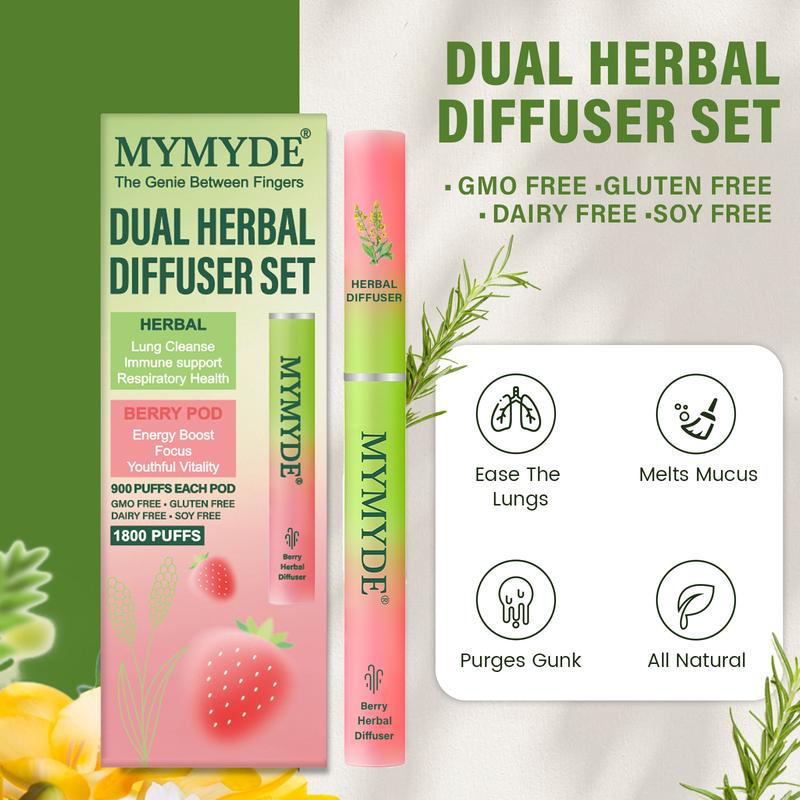 MYMYDE Dual Herbal Diffuser Set - Thyme & Mint Extracts for Lung Detoxification & Oral Air Freshening - Berry Flavor Diffuser - 1800 Puffs - GMO Free