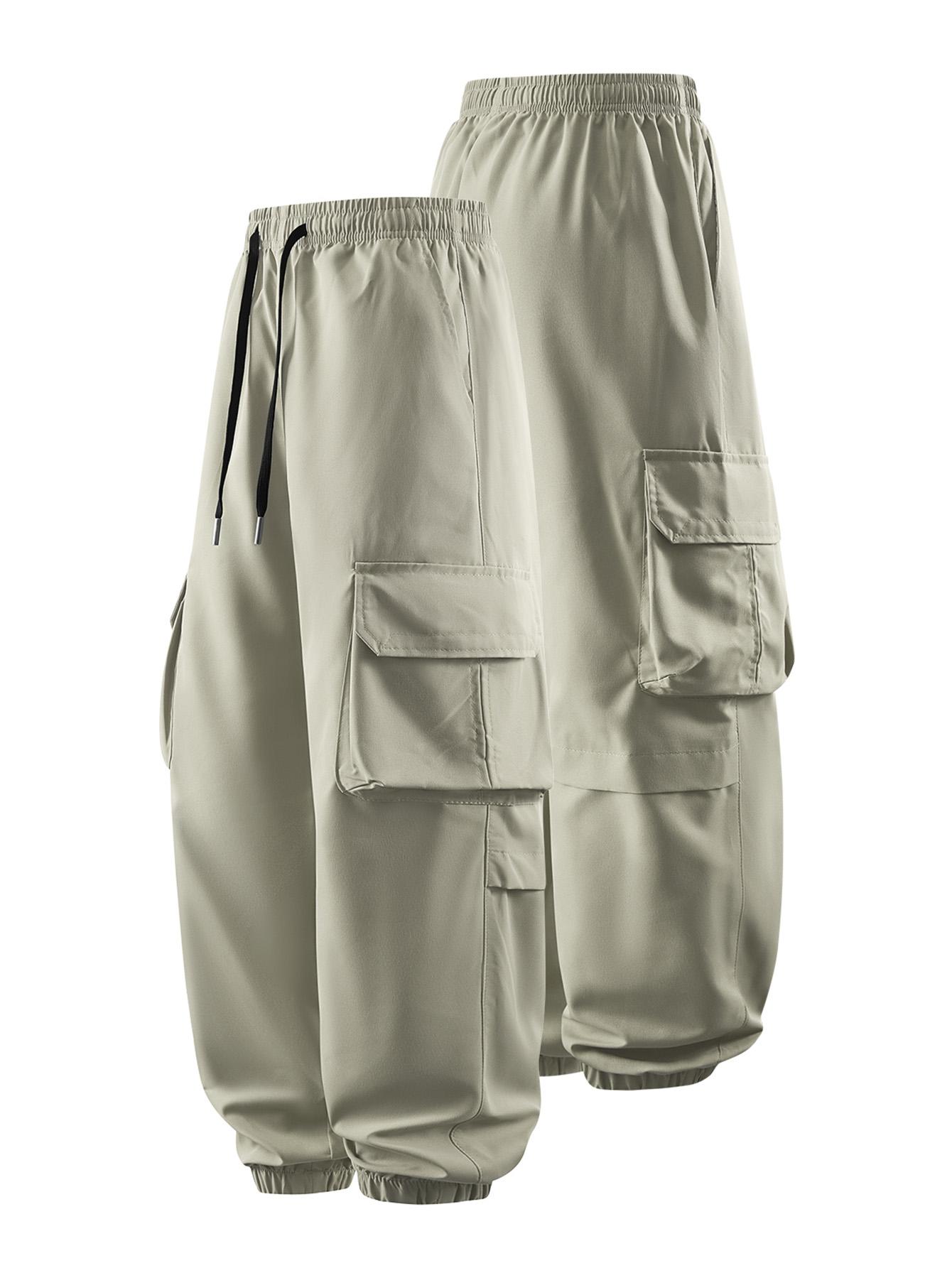 CCCMAI Men's Plain Drawstring Waist Cargo Pants, Casual Pocket Design Trousers for Daily Wear, Streetwear Men's Bottoms for All Seasons Menswear