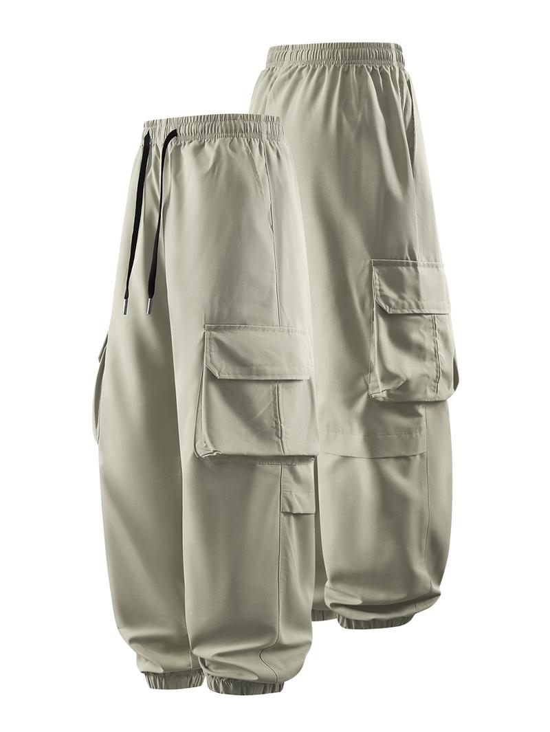 CCCMAI Men's Plain Drawstring Waist Cargo Pants, Casual Pocket Design Trousers for Daily Wear, Streetwear Men's Bottoms for All Seasons Menswear