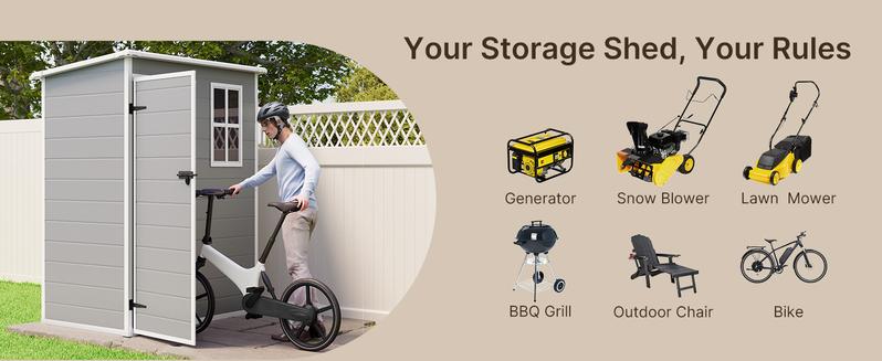 【2 Packages Shipping】Gizoon 5x3 FT Resin Storage Shed Outdoor, Heavy-Duty Resin Shed with Floor for Patio, Lawn, Plastic Garden Sheds Weather-Resistant with Lockable Door for Patio Furniture, Garden Tools