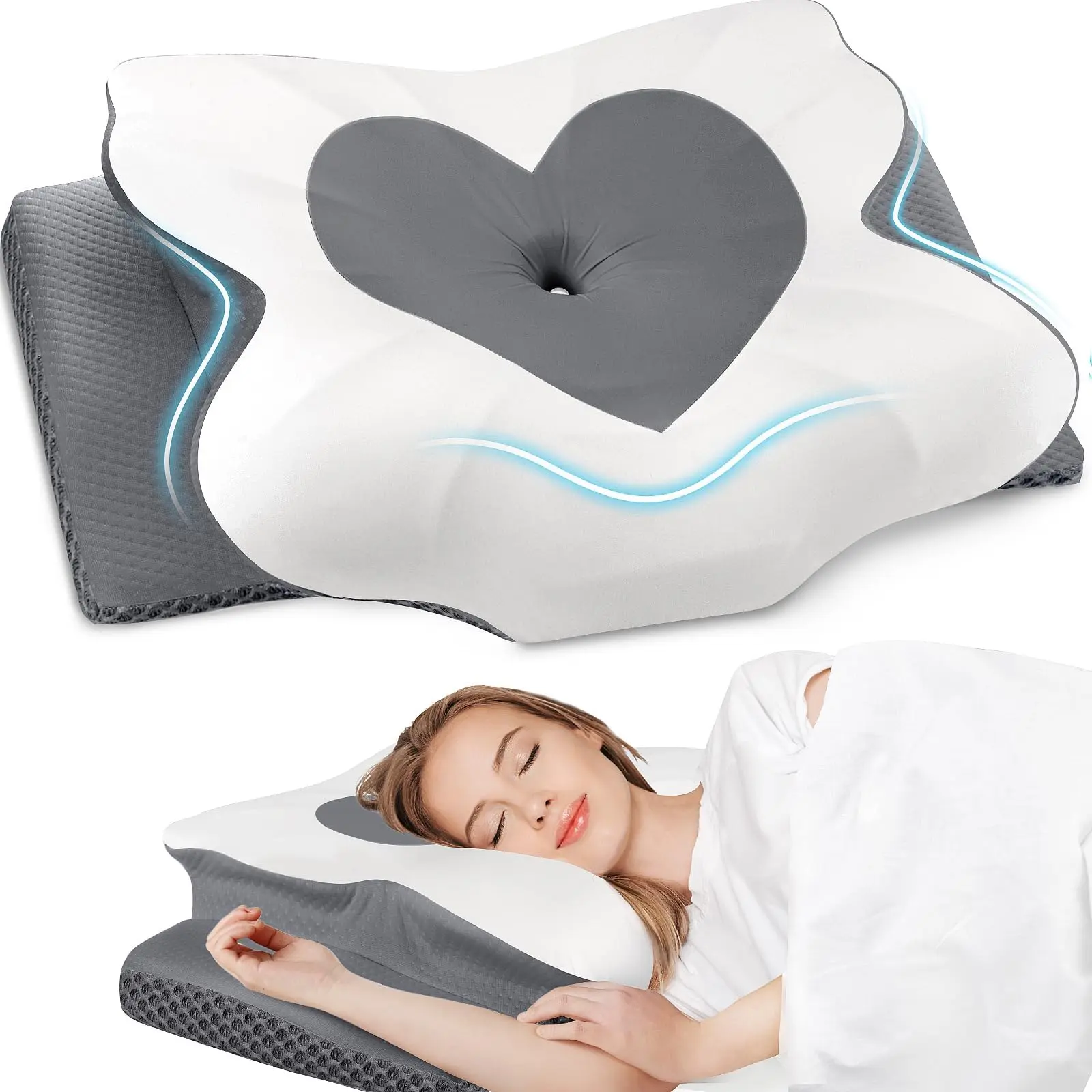 Cooling Memory Neck Pillow, Adjustable Ergonomic Memory Foam Cervical Support, Double-Sided Contoured Neck Support Pillow with Zoned Design, Extra-Large Armrest & Shoulder Support for Side, Stomach and Back Sleepers, CertiPUR-US Certified