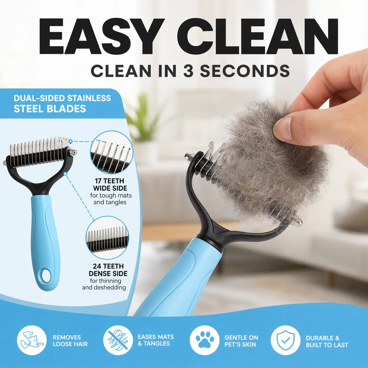 Pet Dematting Comb for Dogs & Cats - Stainless Steel Metal Right Handed Knot Cutter Grooming Tool with Non-Slip Ergonomic Handle, Deshedding Tool, Fits Long/Short Haired Pets, Reduces Shedding, Supports Grooming & Hair Care
