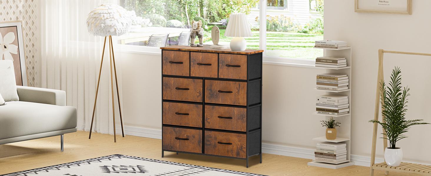 【New Color】Cupboards Cabinets Dresser - with 9 Drawers, Bedroom  Organizer, Steel Frame and Wood Top for Bedroom, Closet, Entryway