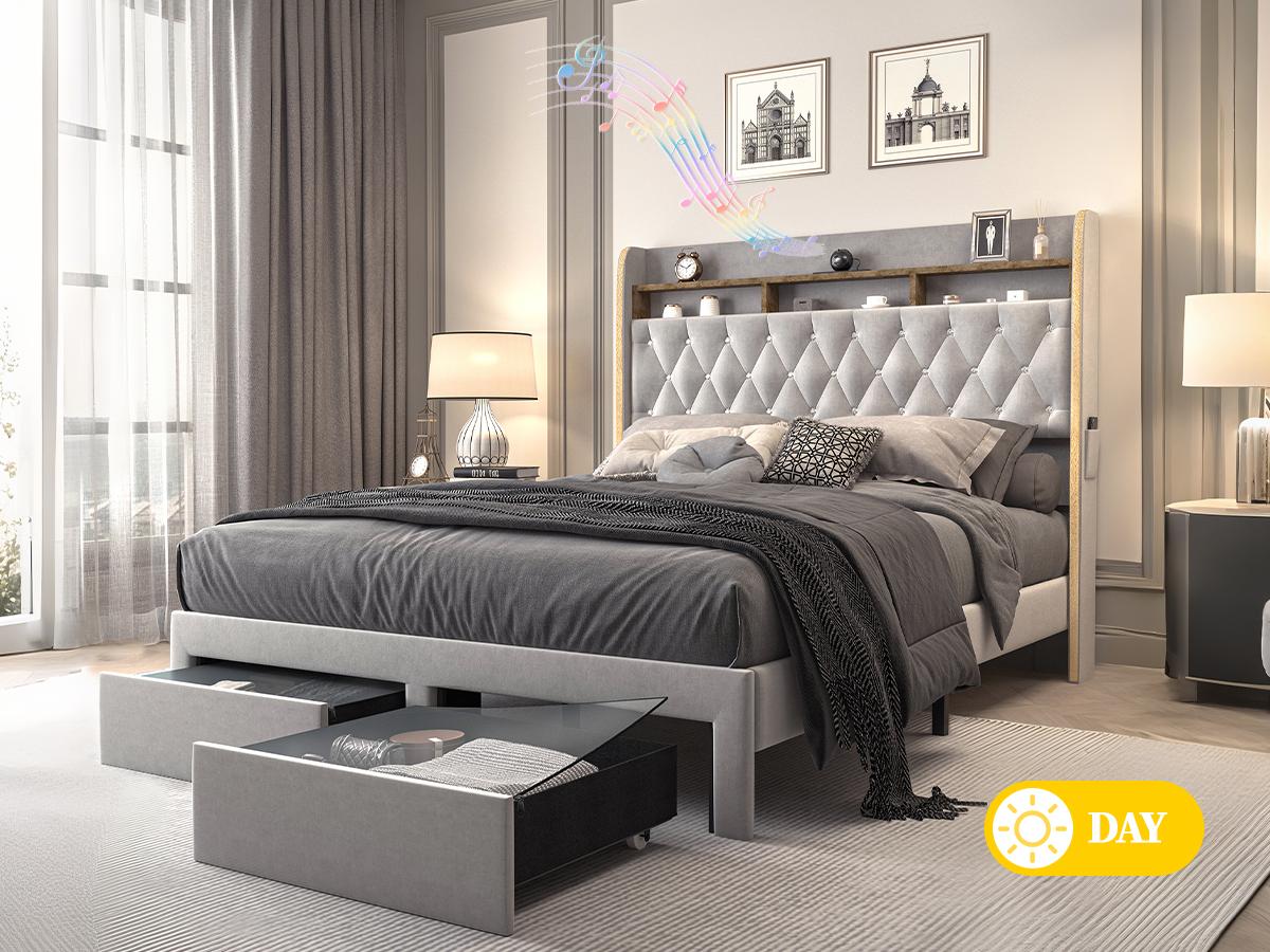 Queen LED Bed Frame with Storage Drawers Upholstered Platform Bed Galaxy Star Projector Charging Station Speaker Aurora Bedframe 2-Tier Storage Headboard Noise-Free PU Leather Velvet Funky Bedroom Furniture