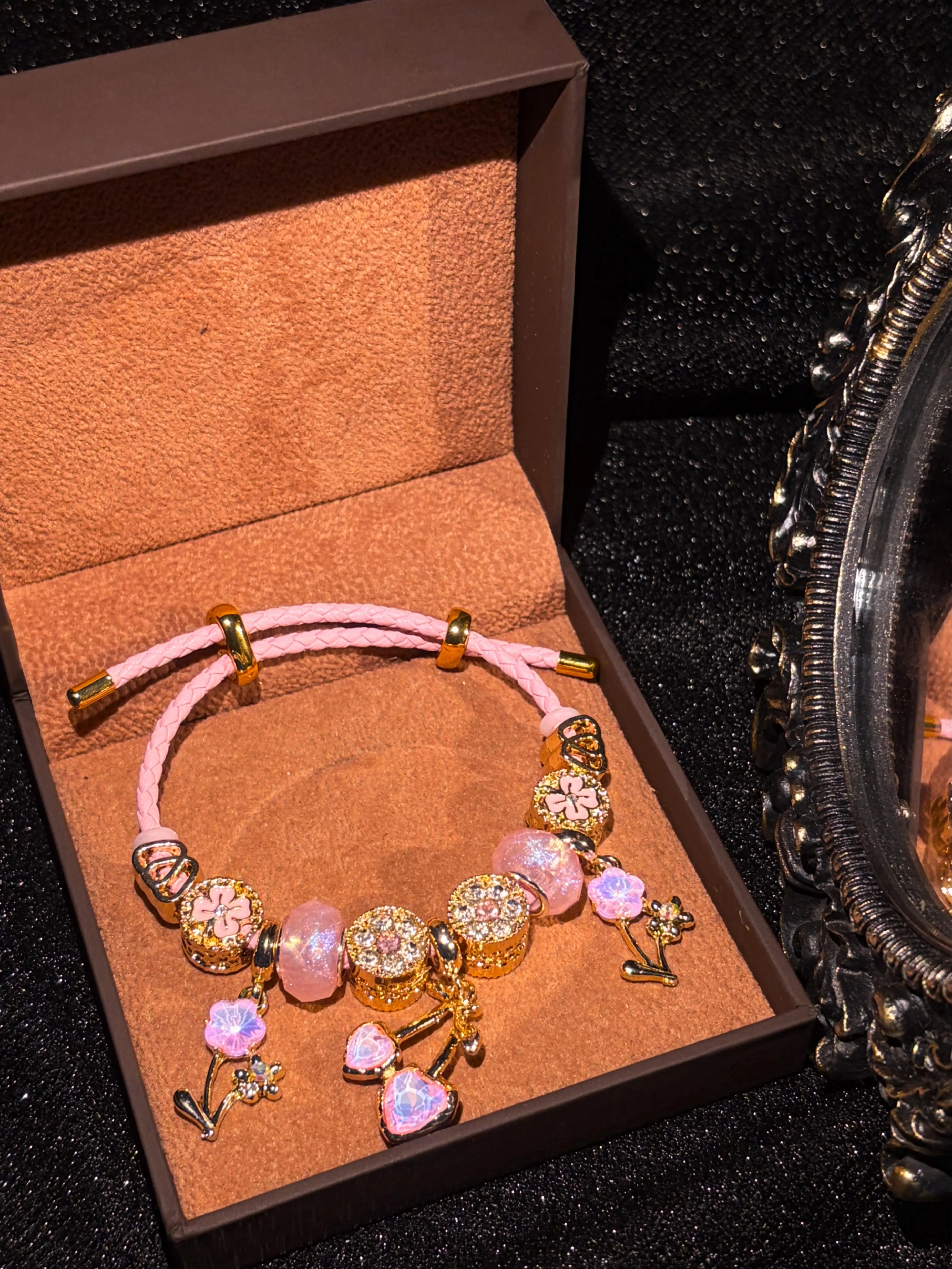 Women's Blush Pink Faux Leather Rope Charm Bracelet - Gold-Tone, Cherry Heart & Flower Crystal Pendants - Sweet Elegant Costume Jewelry Statement Piece