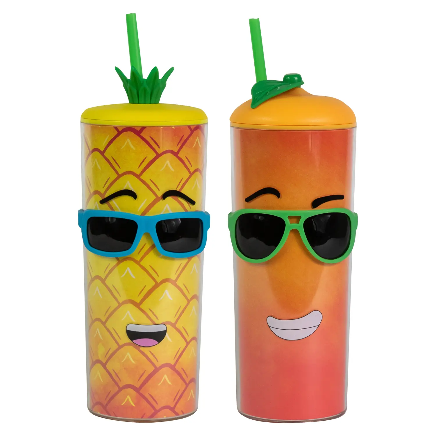 COOL GEAR Reusable Water Bottle 2-Pack, 20 oz Shady Fruit Tumbler Cup, Pressure-Fit Lid, Washable Straw Included