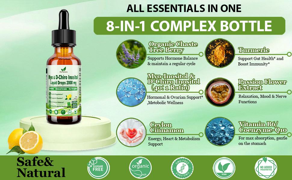 Women's Hormone Balance Supplement：Myo-Inositol & D-Chiro Inositol Supplement For Women, Vitamin B12, Ovarian & Cycle Health* Liquid Drops 6x Stronger than Pills Powder