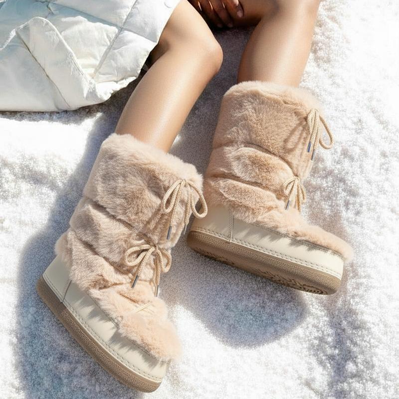 Faux Fur Snow Mid Calf Boots for Women Round Toe Wedge Heel Lace Up Fur Lined Fuzzy Fluffy Furry Warm Fashon Party Dress Valentine Shoes Trendy Boots gift for her