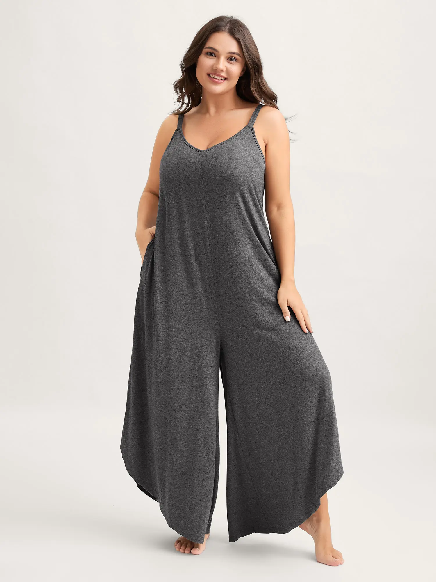 BloomChic Plus Size Women's Soft Fabric Sleeveless Deep V-Neck Cami Jumpsuit - leeveless Wide Leg Flowy Pants Romper, Soft Stretch Elegant Summer, With Pockets, Spotlight,Summer wins,Deals for you days,back to school,back to school shopping