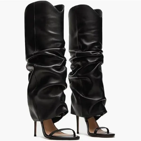 EROCALLI Leather Cuffed Stiletto Knee High Open Toe Boots Knee High Boots for Women Round Open Toe Stiletto High Heel Pull On Wide Calf Sandals Fashion Dress High Heel Boots summerwins,summerwins