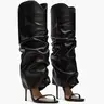 EROCALLI Women's Leather Luxe Cuffed Knee-High Bold Open-Toe Boots - Slim Stiletto, Pull-On Wide Calf, BlackPU/GreenPU, Casual/Evening Footwear, Pairs with Dresses Skirts Jeans, Boosts Poise, Saves Busy-Day Time