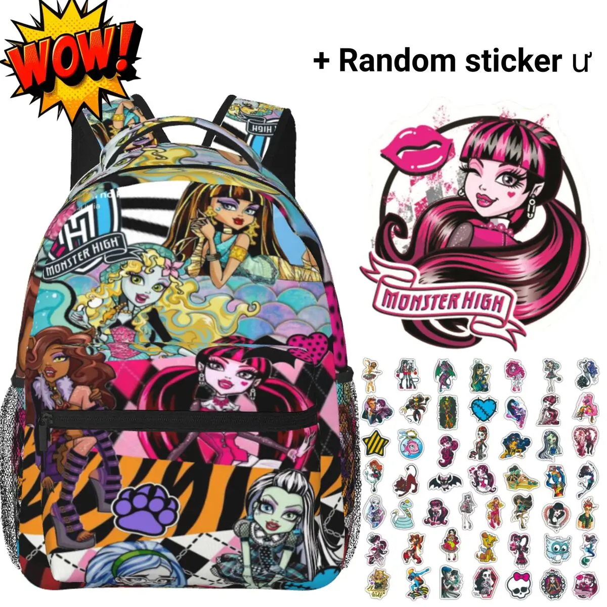 Monster High Backpacks for School Multi Characters Patchwork All-Over Print, Large Capacity Colorful Collage Monster High Laptop Daypack for Campus Daily Commute, Cartoon Monster High School Bag Gift for Teens Students Fans