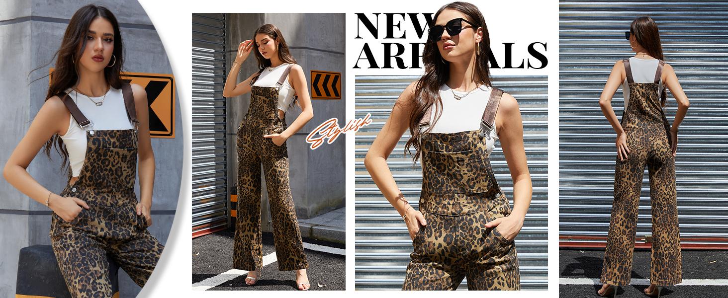 Zhangyan Valentine's Gifts Leopard Print Overalls for Women Stretch Denim Loose Fit Bib Coveralls Cheetah Spring Fall Winter Outfits Y2K Fashion Animal Sleeveless Jumpsuits Straight Leg Pants Mom Wife Womenswear Rompers