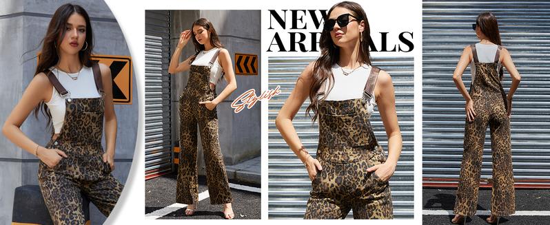 Zhangyan Valentine's Gifts Leopard Print Overalls for Women Stretch Denim Loose Fit Bib Coveralls Cheetah Spring Fall Winter Outfits Y2K Fashion Animal Sleeveless Jumpsuits Straight Leg Pants Mom Wife Womenswear Rompers