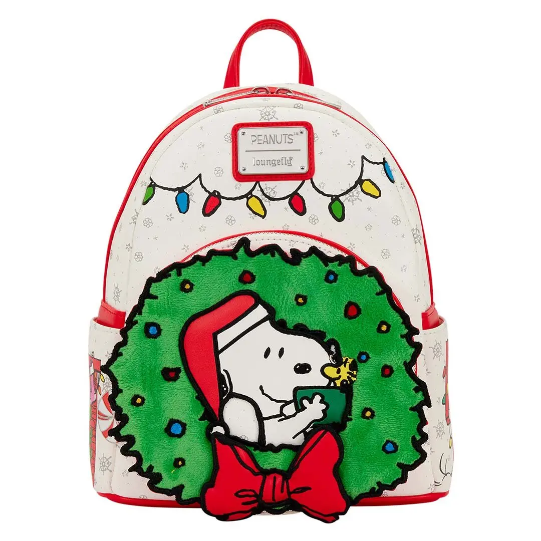 Loungefly Peanuts Snoopy & Woodstock Holiday Mini Backpack, Stylish Faux Leather Daypack with Plush Wreath, 3D Bow and Glitter, Stylish Daypack, Purse, Collectibles, Zip