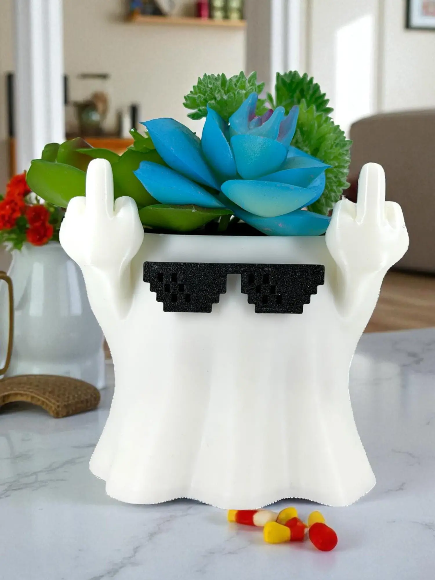 F*ck You Ghost Planter – Middle Finger Gothic Decor, Funny Meme Ghost with Sunglasses