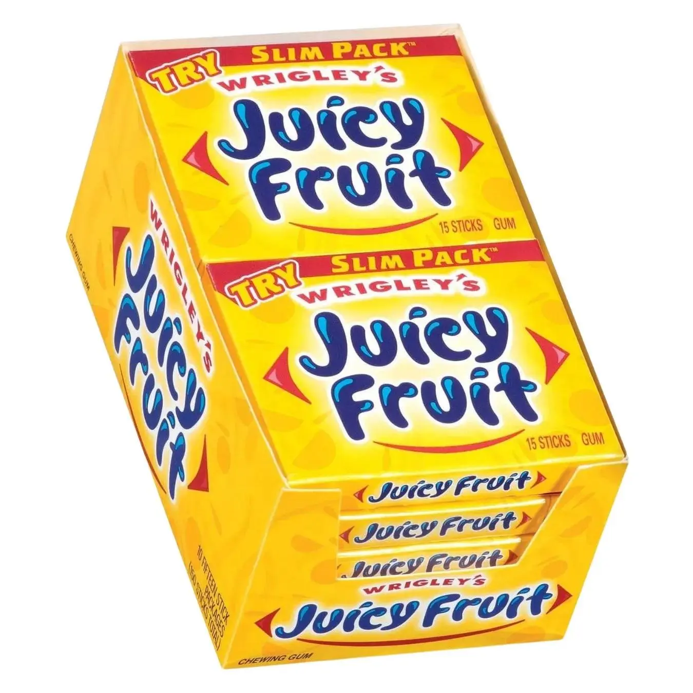 Wrigley's Juicy Fruit Fruity Chewing Gum Sticks - 10-Pack, 15 Sticks Each, 150 Total Snack Pieces, Bright Yellow Ambient Room Temp Packaging